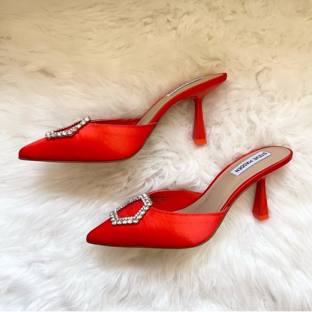 New! Steve Madden Luxe City Rhinestone Satin Mules Slides Heels - Picture 8 of 13